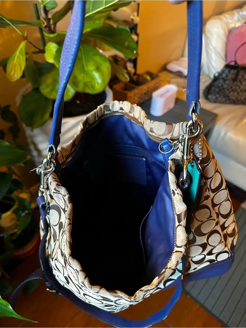 Authentic Coach Signature Canvas Hobo Bag in Brown with Blue Trim